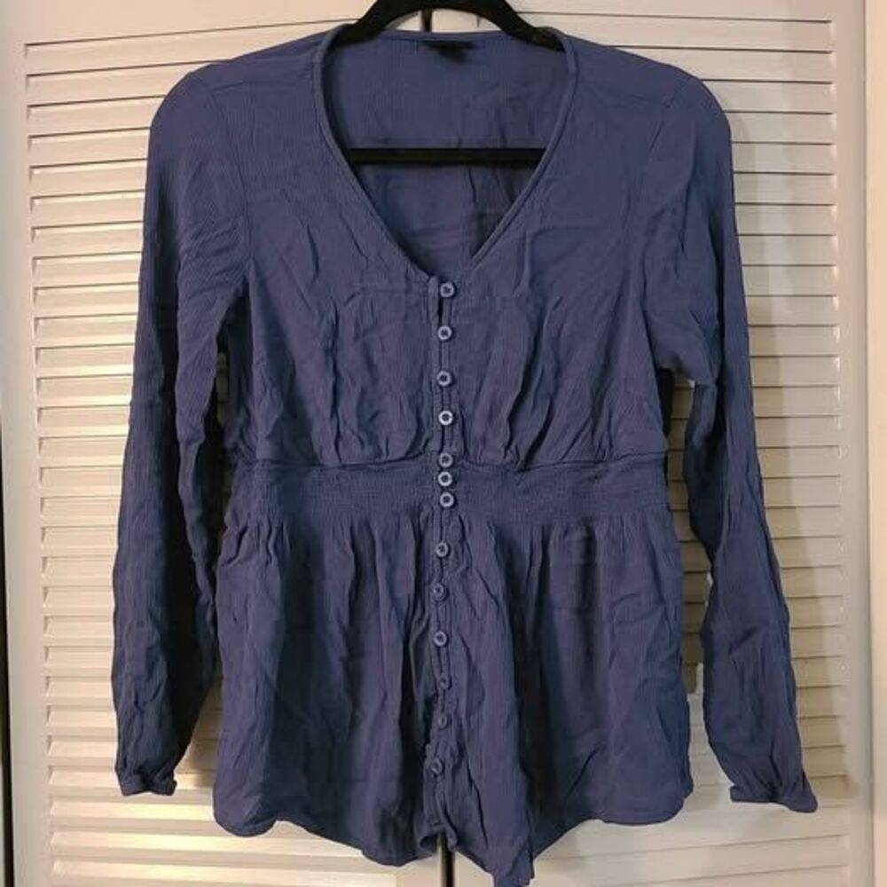 Torrid Boho Cottagecore Blue Long Sleeve Button‎ Front Blouse Size 0X Smocked